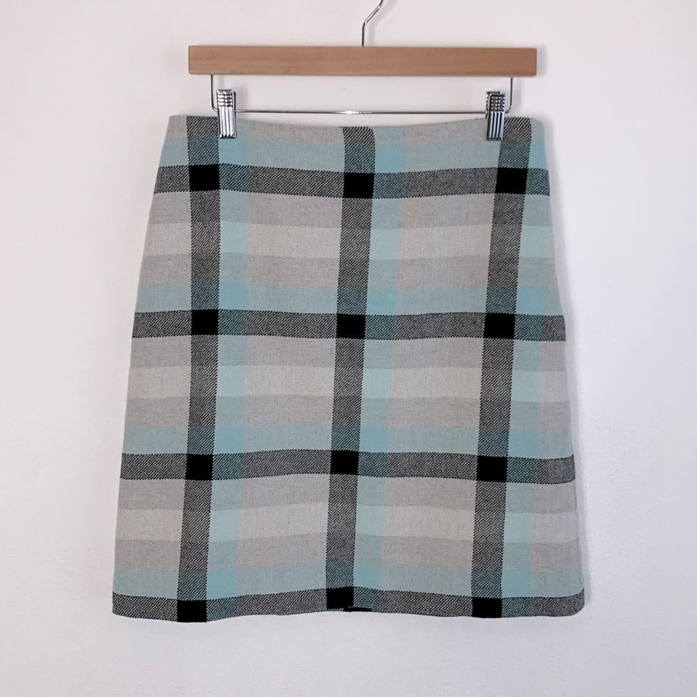 Talbots Wool Blend Blue Grey Checkered Plaid A-Line Skirt Sz 6